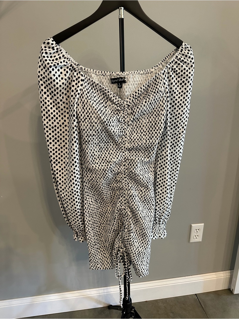 Crystal Doll Black & White Polka Dot Ruched Long Sleeve Mini Dress